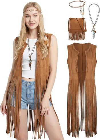 4Pcs Hippie Costume for Women 70s Outfits with Fringe Vest, 60s 70s Tops for Carnival &party in Saudi Arabia