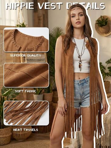 4Pcs Hippie Costume for Women 70s Outfits with Fringe Vest, 60s 70s Tops for Carnival &party in Saudi Arabia
