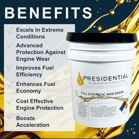 Presidential Full Synthetic Dexos 5W30 – Premium Motor Oil for Gasoline Engine Performance & Protection – Meets or exceeds GM Dexos Gen 3 specs - Made in USA (5 Gallon Pail) in Kuwait