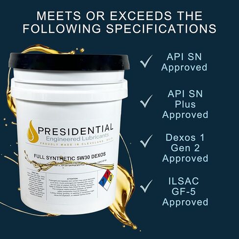 Presidential Full Synthetic Dexos 5W30 – Premium Motor Oil for Gasoline Engine Performance & Protection – Meets or exceeds GM Dexos Gen 3 specs - Made in USA (5 Gallon Pail) in Kuwait