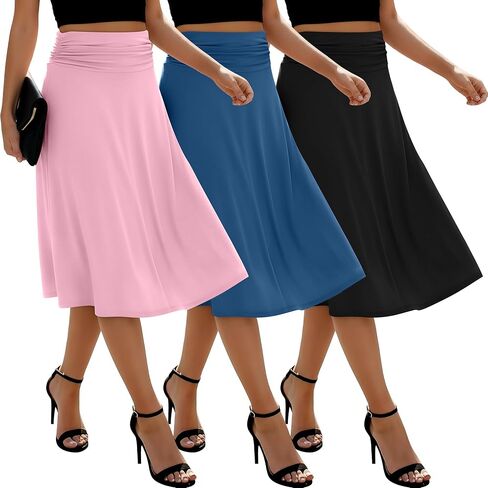 3 Pack Womens Midi Skirts Flowy Lightweight Knee Length Casual Elastic Waist Modest Flared Skirts Trendy Summer in Kuwait