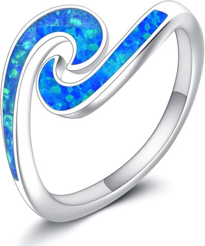 Wave Ring 925 Sterling Silver Blue Opal Wave Rings Sea Beach Ocean Jewelry Gifts for Women #8 in Saudi Arabia