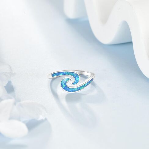 Wave Ring 925 Sterling Silver Blue Opal Wave Rings Sea Beach Ocean Jewelry Gifts for Women #8 in Saudi Arabia
