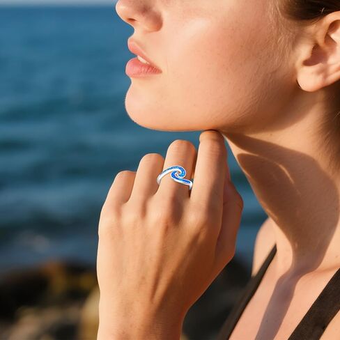 Wave Ring 925 Sterling Silver Blue Opal Wave Rings Sea Beach Ocean Jewelry Gifts for Women #8 in Saudi Arabia