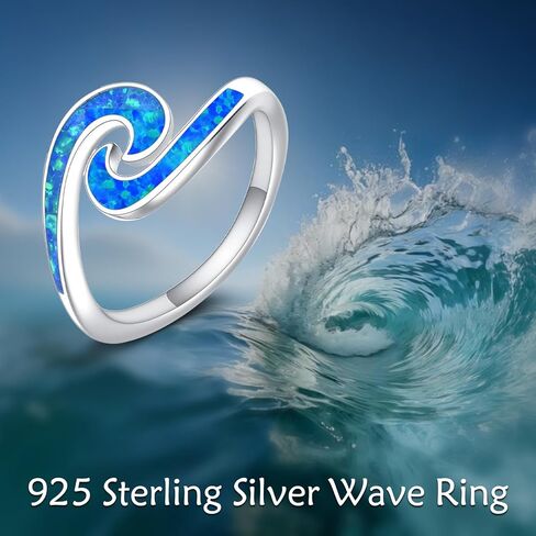 Wave Ring 925 Sterling Silver Blue Opal Wave Rings Sea Beach Ocean Jewelry Gifts for Women #8 in Saudi Arabia
