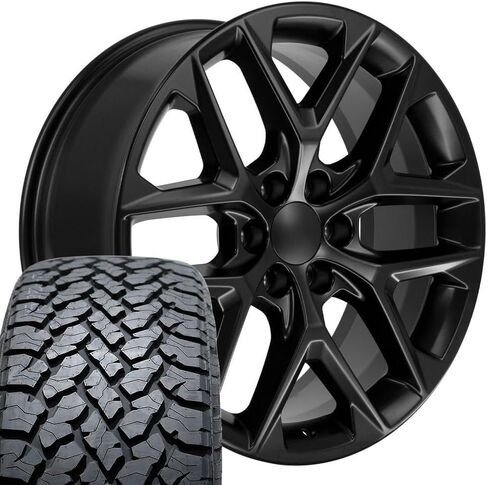 إطارات وإطارات OE Wheels CV62 مقاس 22 بوصة تناسب Silverado 1500 Style 6x139.7 22x9 Satin Black - Hollander 14078 - TS-37 AT 285/45-22 (مجموعة من 4) in Saudi Arabia