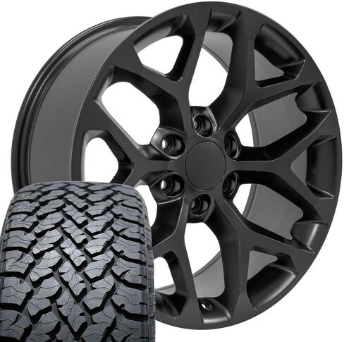 إطارات وإطارات OE Wheels CV98 20 بوصة تناسب Silverado 1500 Snowflake Style 6x139.7 20x9 Satin Black - Hollander 5668 - TS-37 AT 275/55-20 (مجموعة من 4) in Saudi Arabia