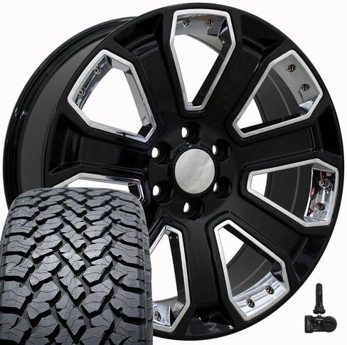 إطارات وإطارات OE Wheels CV93B مقاس 22 بوصة تناسب Silverado 1500 Style 6x139.7 22x9 باللون الأسود اللامع مع إدراج الكروم - Hollander 5660 - TS-37 AT 285/45-22 (مجموعة من 4) in Saudi Arabia