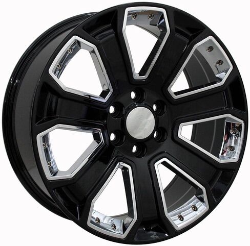 إطارات وإطارات OE Wheels CV93B مقاس 22 بوصة تناسب Silverado 1500 Style 6x139.7 22x9 باللون الأسود اللامع مع إدراج الكروم - Hollander 5660 - TS-37 AT 285/45-22 (مجموعة من 4) in Saudi Arabia
