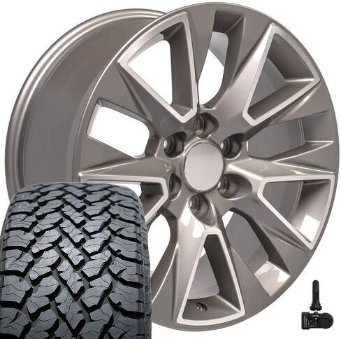OE Wheels CV26 20 Inch Rims and Tires Fit Silverado 1500 LTZ Style 6x139.7 20x9 Gloss Silver Machined - Hollander 5919 - TS-37 AT 275/55-20 (Set of 4) in Saudi Arabia