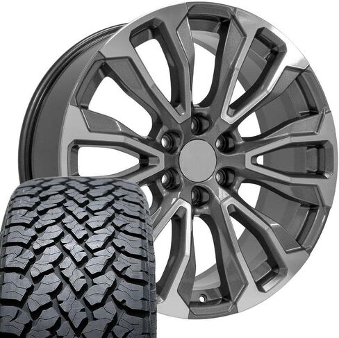 إطارات وإطارات OE Wheels CV30 مقاس 22 بوصة تناسب طراز يوكون دينالي 6x139.7 22x9 مصنوعة من المعدن اللامع - هولاندر 14025 - TS-37 AT 285/45-22 (مجموعة من 4) in Saudi Arabia