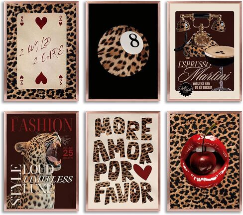 6pcs Trendy Leopard Canvas Wall Art Preppy Cheetah Room Aesthetic Posters Prints Paintings Funky Lucky 8 Ball Wall Decor Pictures for Girls Bedroom Apartment Dorm Unframed in Saudi Arabia