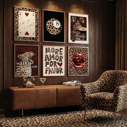 6pcs Trendy Leopard Canvas Wall Art Preppy Cheetah Room Aesthetic Posters Prints Paintings Funky Lucky 8 Ball Wall Decor Pictures for Girls Bedroom Apartment Dorm Unframed in Saudi Arabia