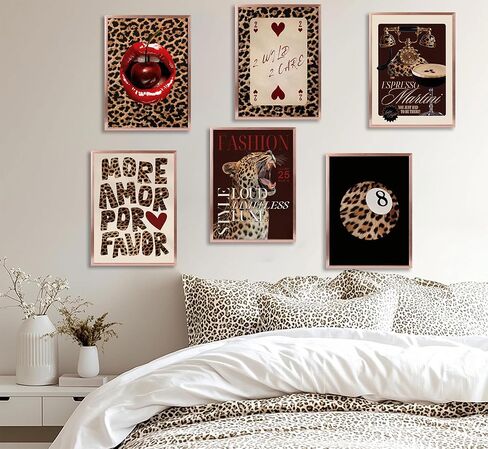 6pcs Trendy Leopard Canvas Wall Art Preppy Cheetah Room Aesthetic Posters Prints Paintings Funky Lucky 8 Ball Wall Decor Pictures for Girls Bedroom Apartment Dorm Unframed in Saudi Arabia