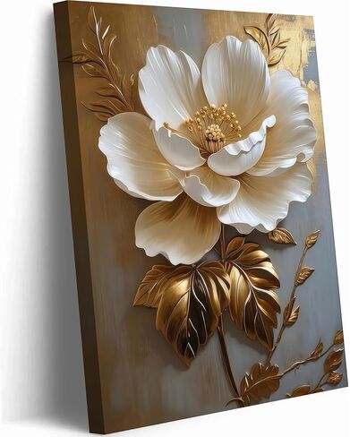 Flower Pictures Canvas Wall Art White Gold Flowers Elegant Wall Decor Pictures Retro Floral Poster Prints For Bedroom Bathroom Wall Decorations (12Inx16In Canvas) in Saudi Arabia