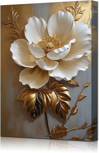 Flower Pictures Canvas Wall Art White Gold Flowers Elegant Wall Decor Pictures Retro Floral Poster Prints For Bedroom Bathroom Wall Decorations (12Inx16In Canvas) in Saudi Arabia