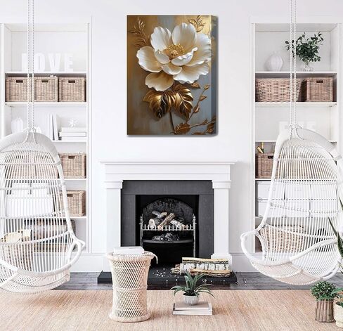 Flower Pictures Canvas Wall Art White Gold Flowers Elegant Wall Decor Pictures Retro Floral Poster Prints For Bedroom Bathroom Wall Decorations (12Inx16In Canvas) in Saudi Arabia