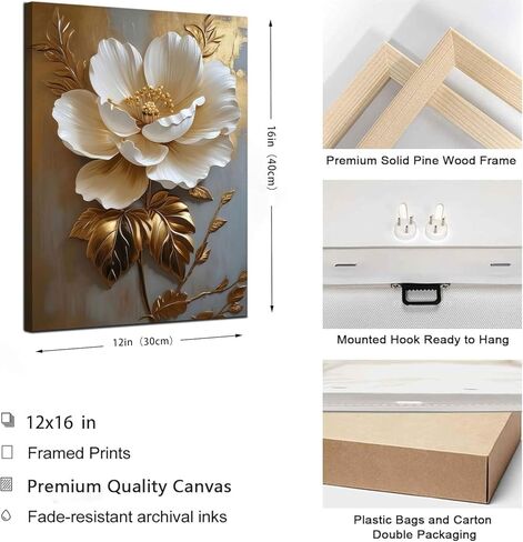 Flower Pictures Canvas Wall Art White Gold Flowers Elegant Wall Decor Pictures Retro Floral Poster Prints For Bedroom Bathroom Wall Decorations (12Inx16In Canvas) in Saudi Arabia