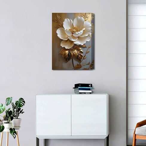 Flower Pictures Canvas Wall Art White Gold Flowers Elegant Wall Decor Pictures Retro Floral Poster Prints For Bedroom Bathroom Wall Decorations (12Inx16In Canvas) in Saudi Arabia
