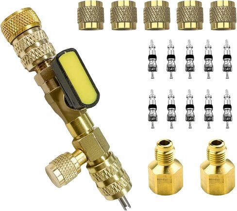 Valve Core Remover Installer Tool, HVAC Valve Core Remover with Dual Size 1/4 & 5/16 Port, Valve Stem Removal Tool kit with Brass Adapter 5 Brass Nuts 10 Valve Cores in Saudi Arabia