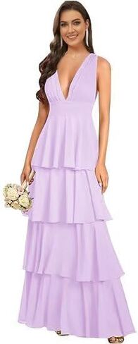 Ruffle Tiered Chiffon Bridesmaid Dresses Long for Women V Neck Formal Evening Dresses in Kuwait