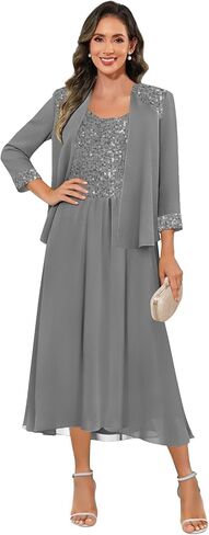 Sequin Mother of The Bride Dresses for Women with Jacket Chiffon 2 Pieces Tea Length Formal Wedding Guest Dress in Kuwait