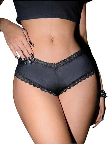 SHENHE Women's Satin Cheeky Panty Lace Trim V Cut Low Rise Breathable Hipster Underwear in Saudi Arabia