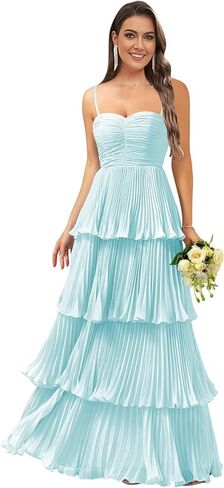 Women's Tiered Ruffle Bridesmaid Dresses Long Chiffon Spaghetti Straps Pleated Formal Prom Evening Party Gowns in Kuwait