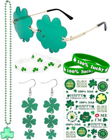 St. Patrick's Day Accessories Set, 8 Pcs St Patricks Day Party Favors with Green Irish Clover Sunglasses Tattoos Necklace Bracelets and Four-Leaf Earrings for Lucky Saint Patrick's Day in Kuwait