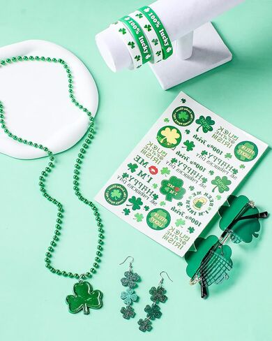 St. Patrick's Day Accessories Set, 8 Pcs St Patricks Day Party Favors with Green Irish Clover Sunglasses Tattoos Necklace Bracelets and Four-Leaf Earrings for Lucky Saint Patrick's Day in Kuwait