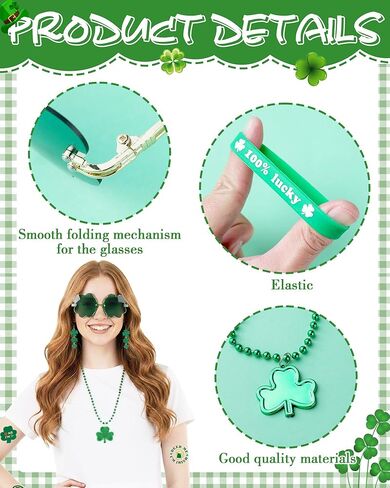 St. Patrick's Day Accessories Set, 8 Pcs St Patricks Day Party Favors with Green Irish Clover Sunglasses Tattoos Necklace Bracelets and Four-Leaf Earrings for Lucky Saint Patrick's Day in Kuwait