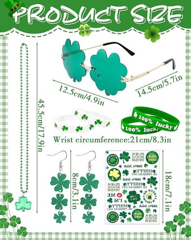 St. Patrick's Day Accessories Set, 8 Pcs St Patricks Day Party Favors with Green Irish Clover Sunglasses Tattoos Necklace Bracelets and Four-Leaf Earrings for Lucky Saint Patrick's Day in Kuwait