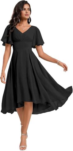 SNOWROSE فساتين وصيفة الشرف قصيرة للنساء شيفون رقبة على شكل V مكشكشة على شكل حرف A فستان رسمي لحفلات الزفاف بأكمام in Kuwait