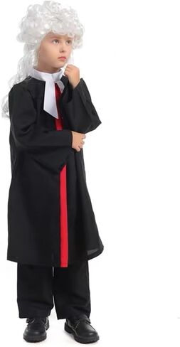 طقم زي القاضي للأطفال، يتضمن رداء أسود مع قسم أحمر في المنتصف، ياقة بيضاء، شعر مستعار وبنطلون in Kuwait