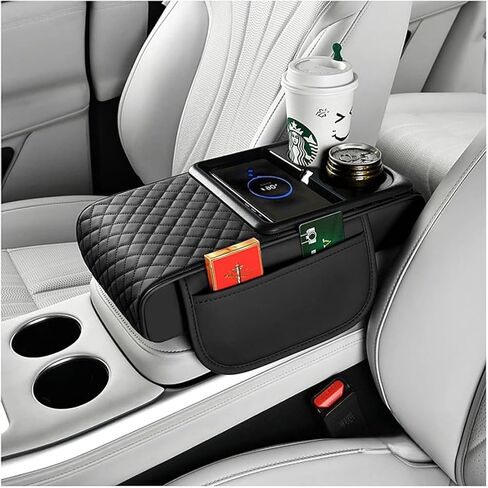 Car Armrest Storage Box, Car Armrest Storage Box with 2 Cup Holders, Center Console Cover with Dual Storage Pockets, Tissue Box Holder, Side Slots, and Wireless Phone Charging (Blcak) in Saudi Arabia