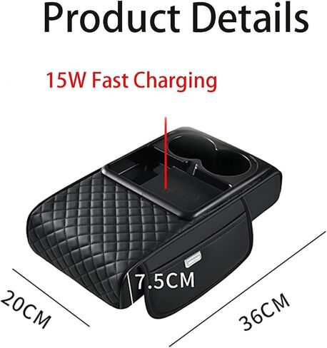 Car Armrest Storage Box, Car Armrest Storage Box with 2 Cup Holders, Center Console Cover with Dual Storage Pockets, Tissue Box Holder, Side Slots, and Wireless Phone Charging (Blcak) in Saudi Arabia