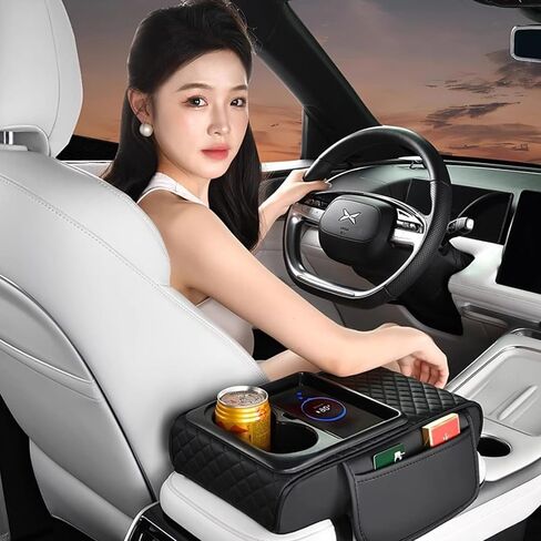 Car Armrest Storage Box, Car Armrest Storage Box with 2 Cup Holders, Center Console Cover with Dual Storage Pockets, Tissue Box Holder, Side Slots, and Wireless Phone Charging (Blcak) in Saudi Arabia