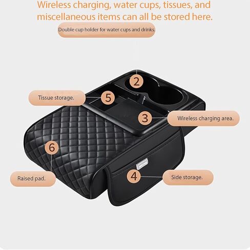 Car Armrest Storage Box, Car Armrest Storage Box with 2 Cup Holders, Center Console Cover with Dual Storage Pockets, Tissue Box Holder, Side Slots, and Wireless Phone Charging (Blcak) in Saudi Arabia