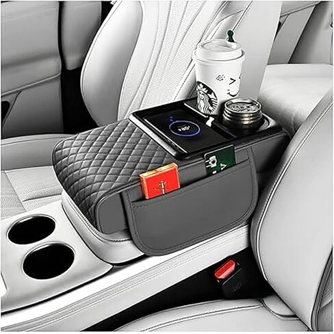 Car Armrest Storage Box, Car Armrest Storage Box with 2 Cup Holders, Center Console Cover with Dual Storage Pockets, Tissue Box Holder, Side Slots, and Wireless Phone Charging (Blcak) in Saudi Arabia