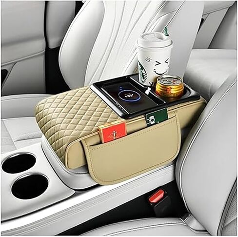 Car Armrest Storage Box, Car Armrest Storage Box with 2 Cup Holders, Center Console Cover with Dual Storage Pockets, Tissue Box Holder, Side Slots, and Wireless Phone Charging (Blcak) in Saudi Arabia