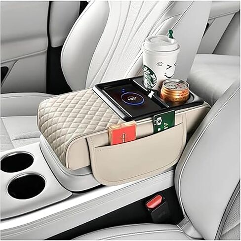 Car Armrest Storage Box, Car Armrest Storage Box with 2 Cup Holders, Center Console Cover with Dual Storage Pockets, Tissue Box Holder, Side Slots, and Wireless Phone Charging (Blcak) in Saudi Arabia
