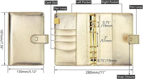 غلاف NatSumeBasics Gold A6 مقاس 5 × 7 بوصات، غطاء قابل لإعادة الملء مكون من 6 حلقات من الجلد الصناعي لمجلة المسافر المخططة (ذهبي) in Saudi Arabia