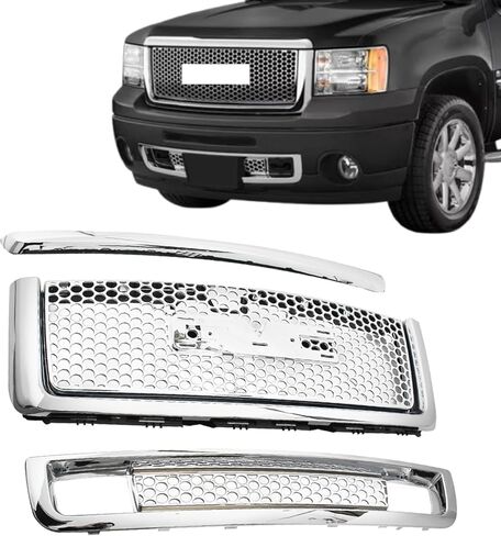 JX RACING Grille Kit Compatible with 2007-2013 GMC Sierra 1500 Denali Chrome Plated Front Hood Molding Trim& Upper & Lower Bumpers Grill Round Hole Mesh ABS Plastic for 10385156 15901589 in Saudi Arabia