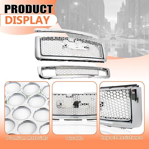 JX RACING Grille Kit Compatible with 2007-2013 GMC Sierra 1500 Denali Chrome Plated Front Hood Molding Trim& Upper & Lower Bumpers Grill Round Hole Mesh ABS Plastic for 10385156 15901589 in Saudi Arabia