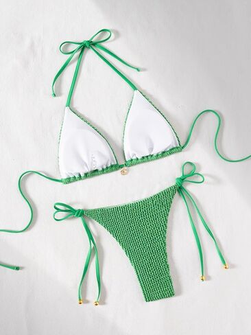 Fanuerg Women's Halter String Thong Bikini Sets Sexy Triangle Top Two Piece Swimsuit Textured Bathing Suit in Saudi Arabia