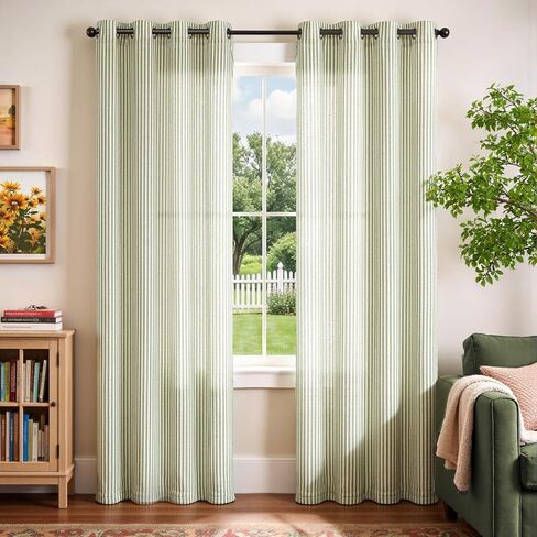 Vangao الكتان مخطط الستائر لغرفة المعيشة غرفة نوم مزرعة موقوتة ضوء تصفية نافذة الستائر المطبوعة الستائر جروميت أعلى 2 لوحات الأخضر W55 × L84 بوصة in Kuwait