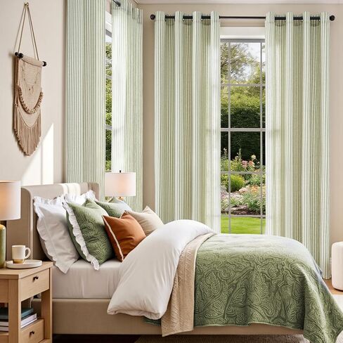 Vangao الكتان مخطط الستائر لغرفة المعيشة غرفة نوم مزرعة موقوتة ضوء تصفية نافذة الستائر المطبوعة الستائر جروميت أعلى 2 لوحات الأخضر W55 × L84 بوصة in Kuwait