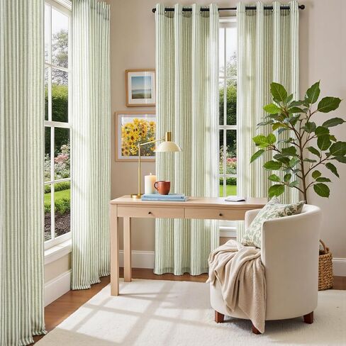 Vangao الكتان مخطط الستائر لغرفة المعيشة غرفة نوم مزرعة موقوتة ضوء تصفية نافذة الستائر المطبوعة الستائر جروميت أعلى 2 لوحات الأخضر W55 × L84 بوصة in Kuwait