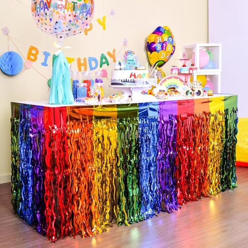 LOLStar Rainbow Party Decorations, 2 Pack Wavy Metallic Tinsel Foil Fringe Table Skirts, Perfect Table Decors for Birthday Holiday Wedding Engagement Bridal Shower Unicorn Pride Party Cartoon Party in Kuwait