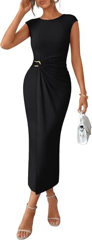 LILLUSORY Womens 2026 Summer Bodycon Midi Dress Elegant Ruched Split Wedding Guest Party Cocktail Wrap Dresses Trendy Outfits in Saudi Arabia